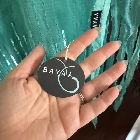 BAYAA | Silk Chiffon Teal Hand Dyed Sequin Fringe Trim Scarf - BNWT - Picture 6 of 7